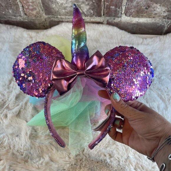 Disney Parks Minnie Mouse Ears Pink Purple Sequin Unicorn Rainbow Veil Headband - Picture 4 of 5